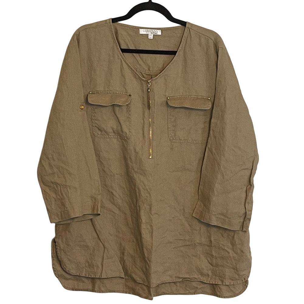Company Ellen Tracy Womens XXL Linen Tunic Top Flax Tan 3/4 Sleeve Zip EFSQ3014